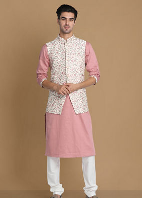 Cream And Pink Kurta Jacket Set image number 1